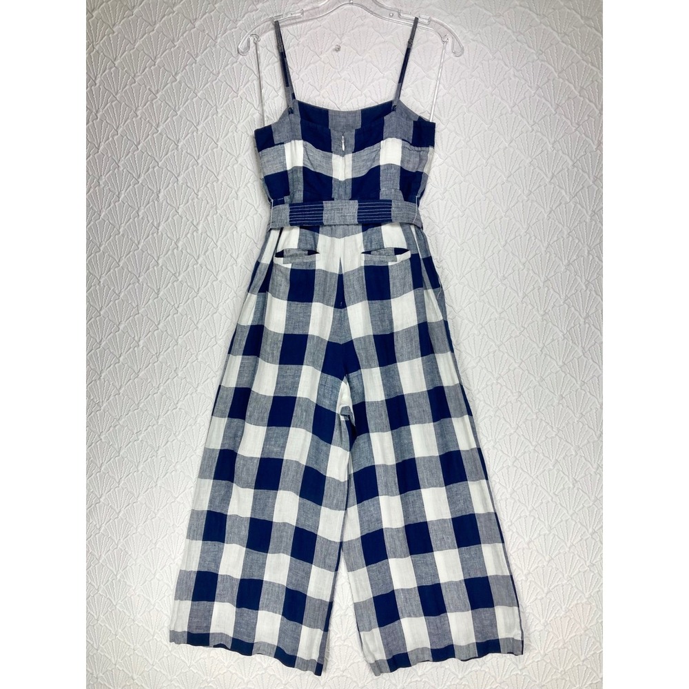 J. Crew Gingham Linen Wide Leg Jumpsuit Women S Navy Ivory Summer Coastal Vacay - Picture 5 of 13